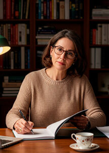 Porträt von Clara Dubois, Senior Content Editor bei WinTops Games Ltd, arbeitend in einem häuslichen Bibliotheksbüro